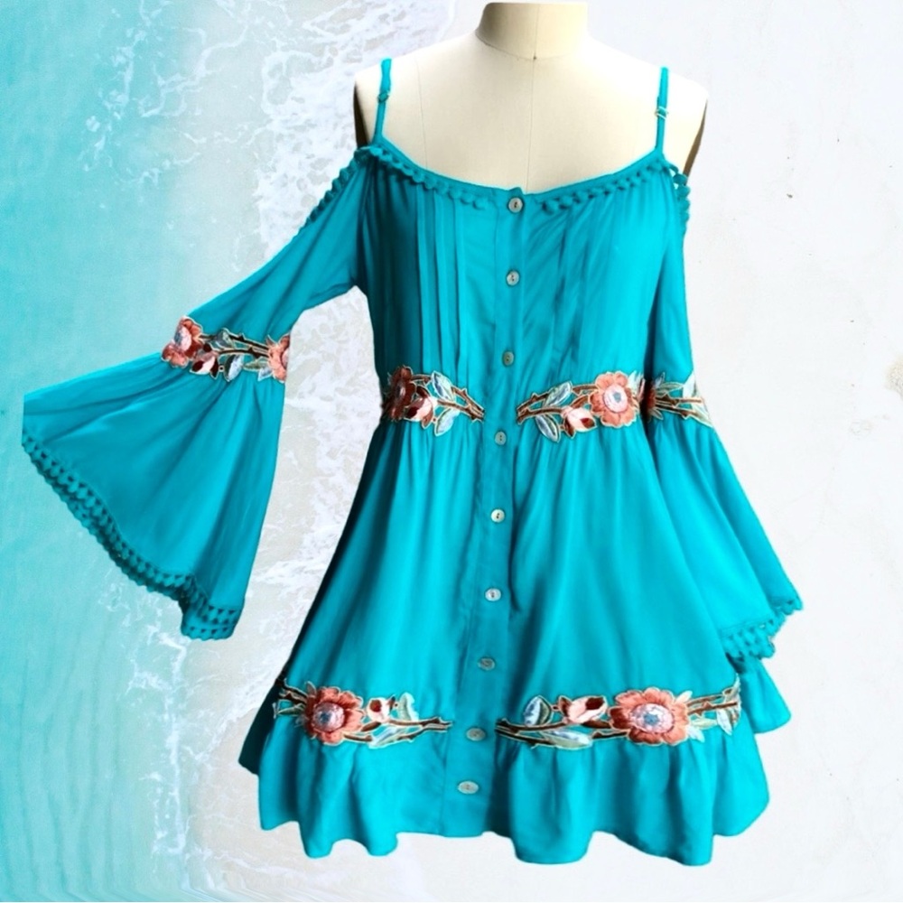 Turquoise Embroidered Open Shoulder Bikini Cover Up Dress